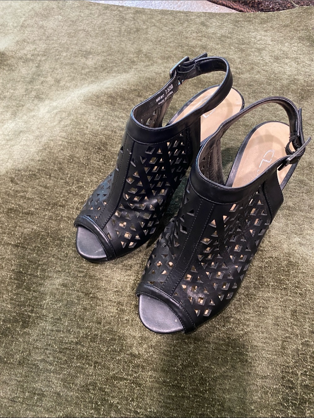 CL by Laundry Black Laser-Cut Peep Toe Slingback Heels